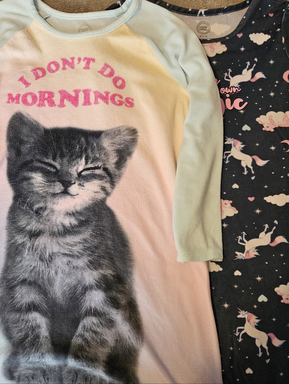 Lot 2 Girls Mint Pink Gray Unicorn & Kitten Pajama Nightgowns Medium